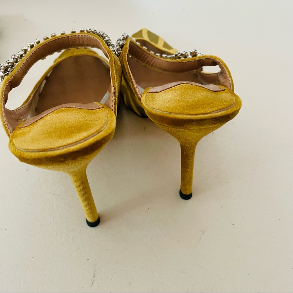 Faux Velvet Mustard Rhinestone Crystal Arch Heels Mules - Picture 7 of 10